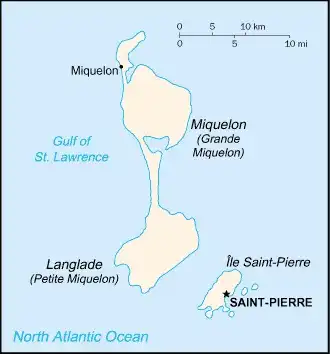 Saint Pierre and Miquelon Map graphic showing major cities and names of neighboring countries