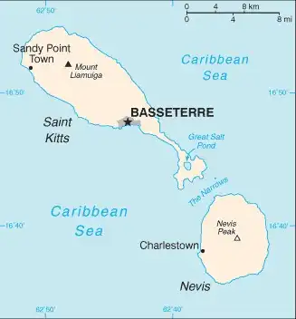 Saint Kitts and Nevis Map graphic showing major cities and names of neighboring countries