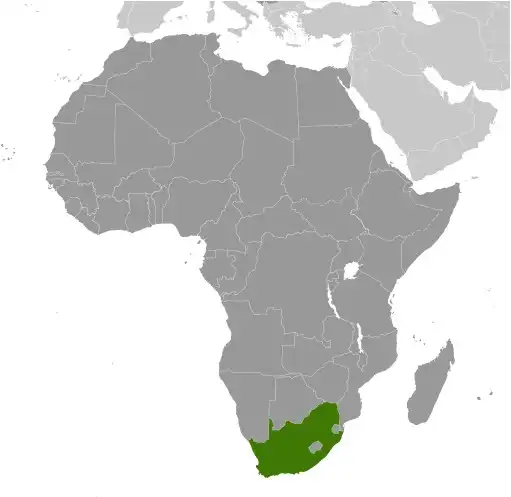 Locator Map of South Africa showing the country on the continent in color