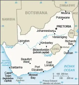 South Africa Map graphic showing major cities and names of neighboring countries