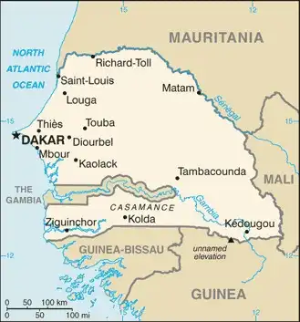 Senegal Map graphic showing major cities and names of neighboring countries