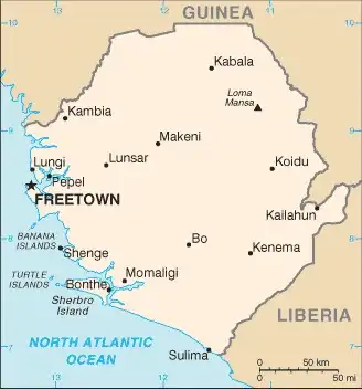 Sierra Leone Map graphic showing major cities and names of neighboring countries