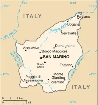 San Marino Map graphic showing major cities and names of neighboring countries