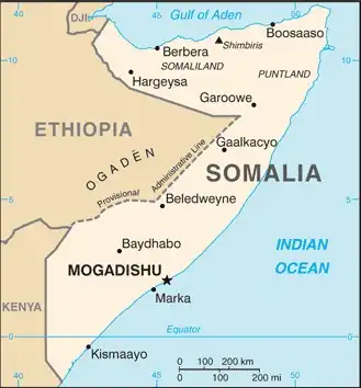 Somalia Map graphic showing major cities and names of neighboring countries