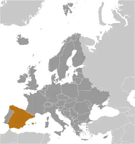 Locator Map of Spain showing the country on the continent in color