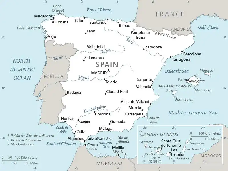 Spain Map graphic showing major cities and names of neighboring countries