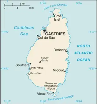 Saint Lucia Map graphic showing major cities and names of neighboring countries