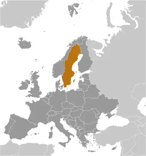 Locator Map of Sweden showing the country on the continent in color