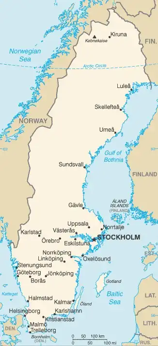 Sweden Map graphic showing major cities and names of neighboring countries