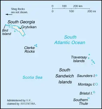 South Georgia and South Sandwich Islands Map graphic showing major cities and names of neighboring countries