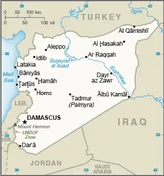 Syria Map graphic showing major cities and names of neighboring countries