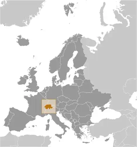 Locator Map of Switzerland showing the country on the continent in color
