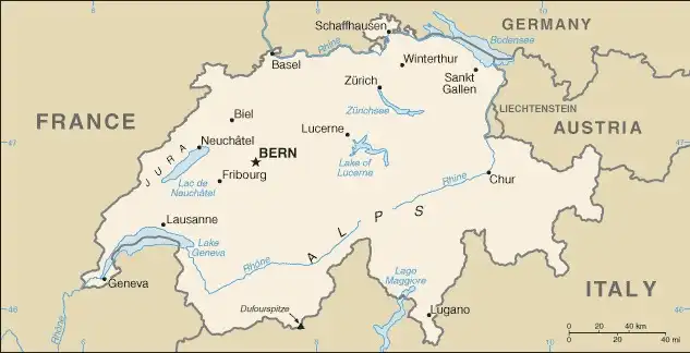 Switzerland Map graphic showing major cities and names of neighboring countries