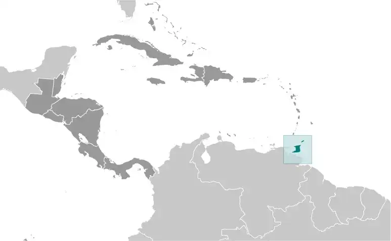Locator Map of Trinidad and Tobago showing the country on the continent in color