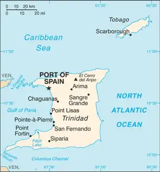 Trinidad and Tobago Map graphic showing major cities and names of neighboring countries
