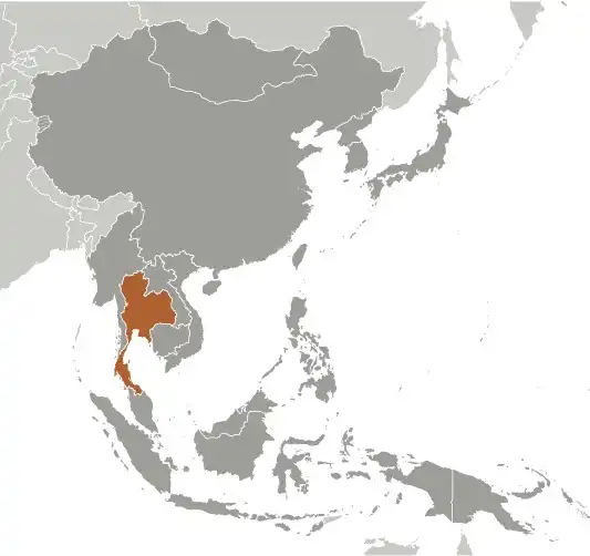 Locator Map of Thailand showing the country on the continent in color