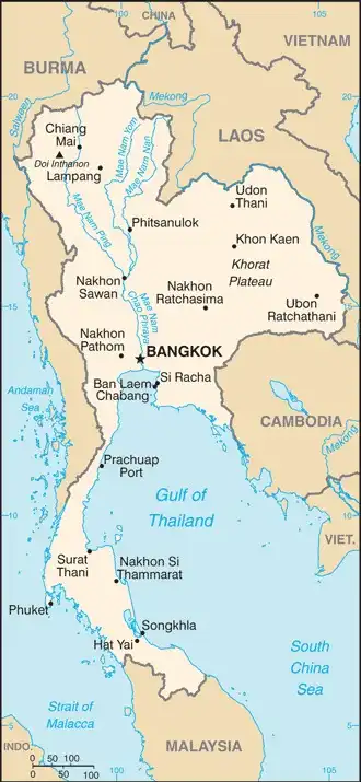 Thailand Map graphic showing major cities and names of neighboring countries