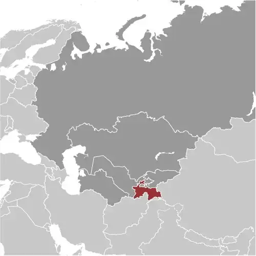 Locator Map of Tajikistan showing the country on the continent in color