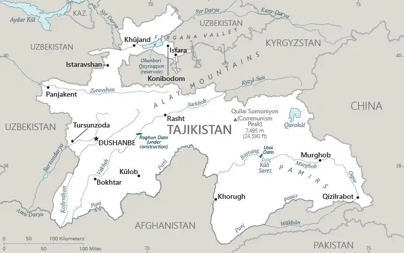 Tajikistan Map graphic showing major cities and names of neighboring countries