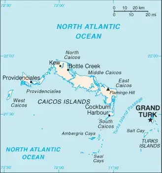 Turks and Caicos Islands Map graphic showing major cities and names of neighboring countries