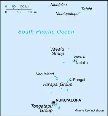 Tonga Map graphic showing major cities and names of neighboring countries