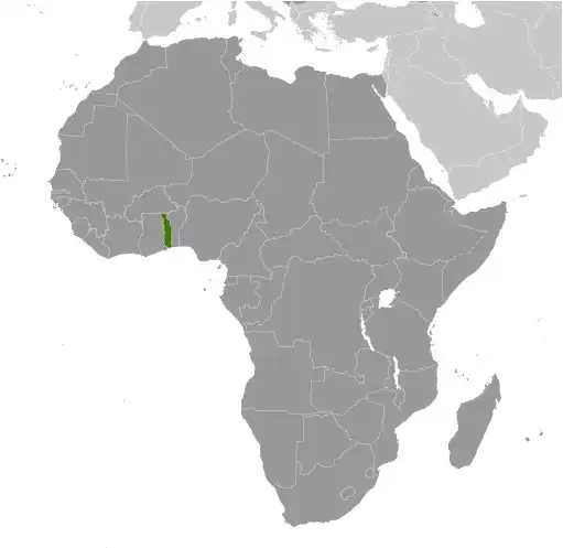 Locator Map of Togo showing the country on the continent in color