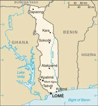 Togo Map graphic showing major cities and names of neighboring countries