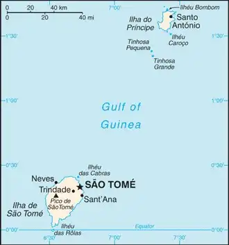 Sao Tome and Principe Map graphic showing major cities and names of neighboring countries