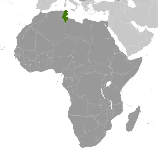 Locator Map of Tunisia showing the country on the continent in color