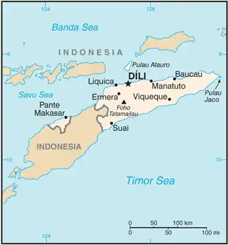 Timor-Leste Map graphic showing major cities and names of neighboring countries