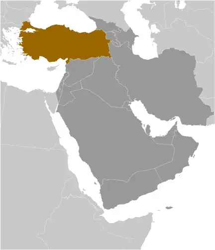 Locator Map of Turkey showing the country on the continent in color