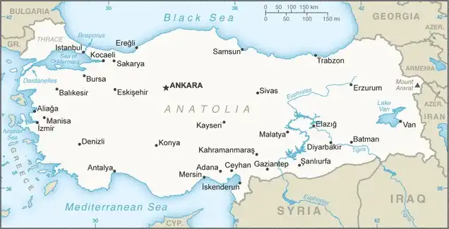 Turkey Map graphic showing major cities and names of neighboring countries