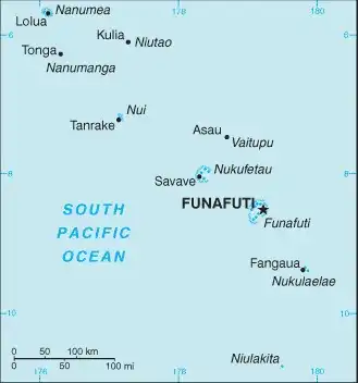 Tuvalu Map graphic showing major cities and names of neighboring countries