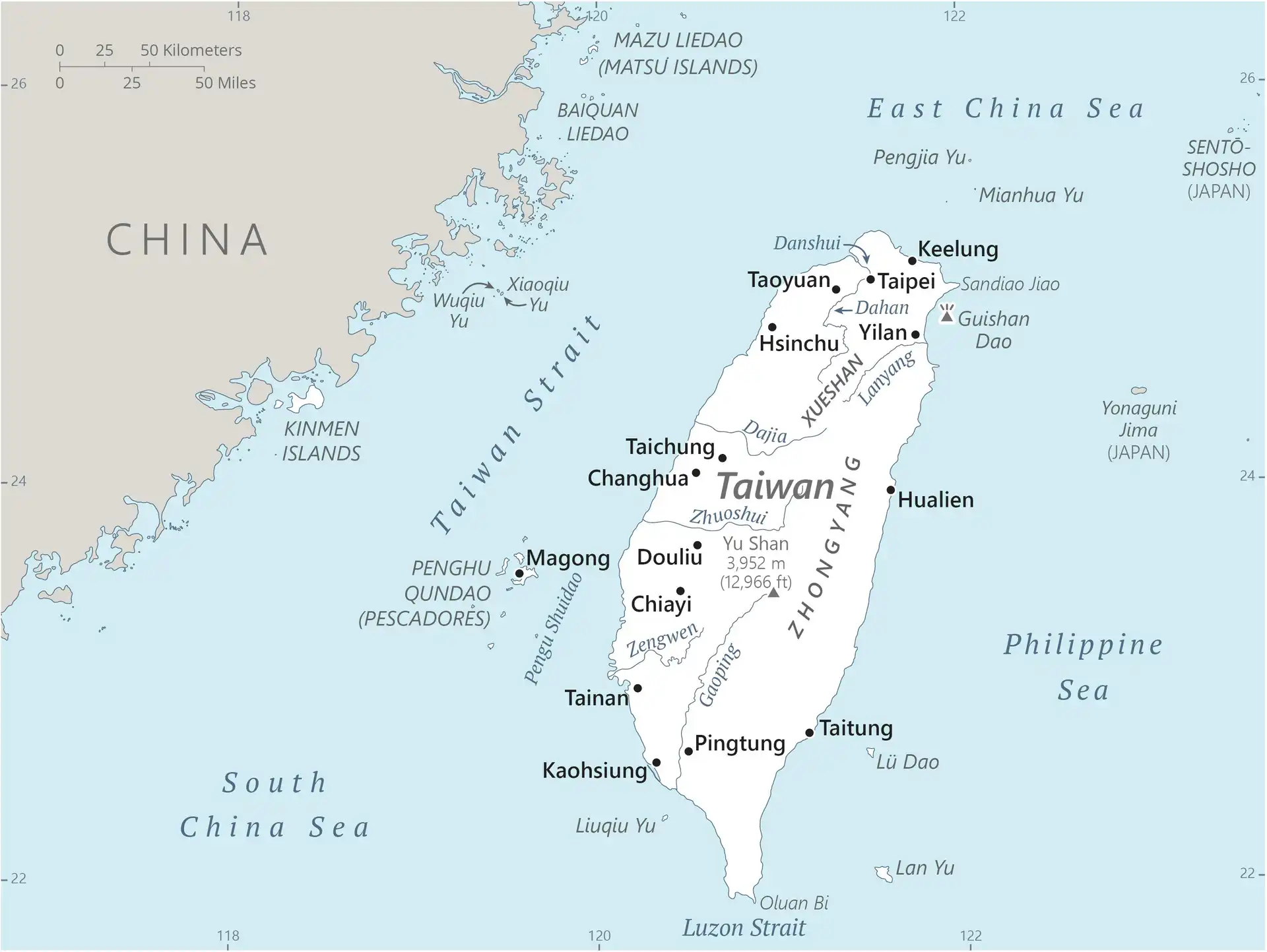 Taiwan Map graphic showing major cities and names of neighboring countries