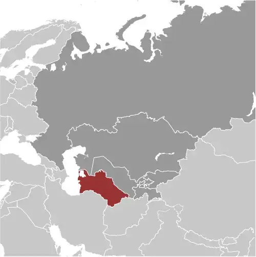 Locator Map of Turkmenistan showing the country on the continent in color