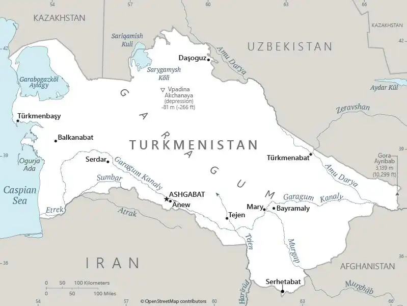 Turkmenistan Map graphic showing major cities and names of neighboring countries