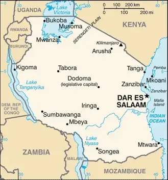 Tanzania Map graphic showing major cities and names of neighboring countries