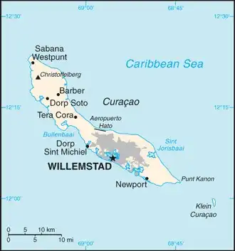 Curacao Map graphic showing major cities and names of neighboring countries