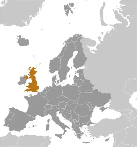 Locator Map of United Kingdom showing the country on the continent in color