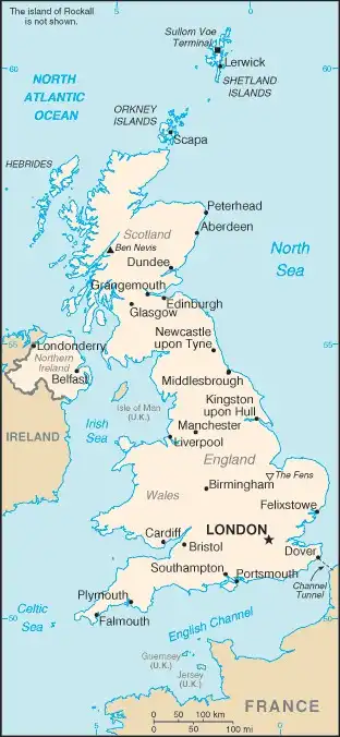 United Kingdom Map graphic showing major cities and names of neighboring countries