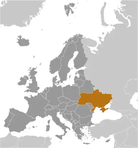 Locator Map of Ukraine showing the country on the continent in color