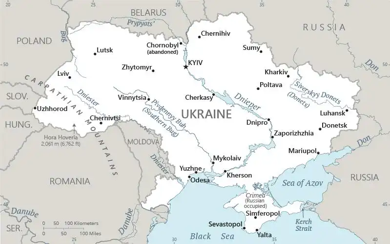Ukraine Map graphic showing major cities and names of neighboring countries