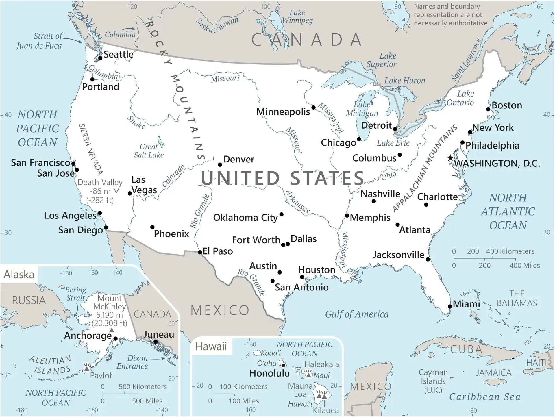 United States Map graphic showing major cities and names of neighboring countries