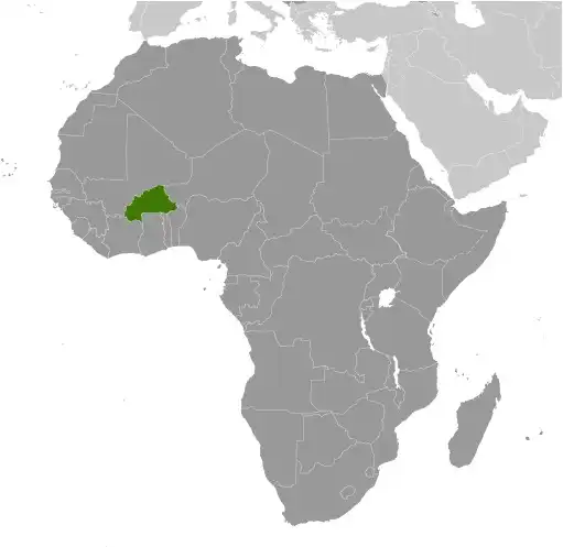 Locator Map of Burkina Faso showing the country on the continent in color