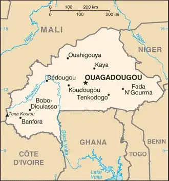 Burkina Faso Map graphic showing major cities and names of neighboring countries