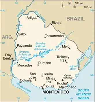Uruguay Map graphic showing major cities and names of neighboring countries
