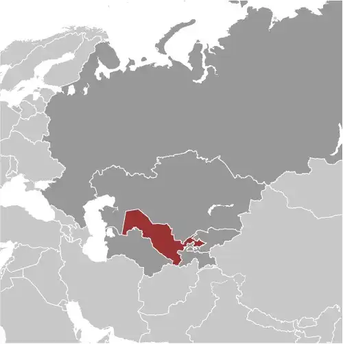Locator Map of Uzbekistan showing the country on the continent in color