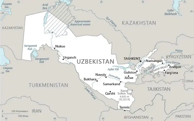 Uzbekistan Map graphic showing major cities and names of neighboring countries