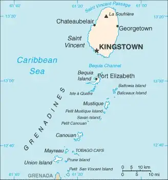 Saint Vincent and the Grenadines Map graphic showing major cities and names of neighboring countries