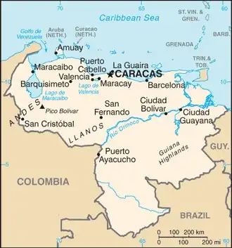 Venezuela Map graphic showing major cities and names of neighboring countries